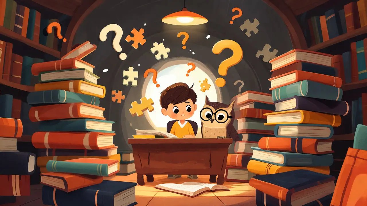 Un avatar enfantin entouré de livres et de points d'interrogation dans une bibliothèque chaleureuse.