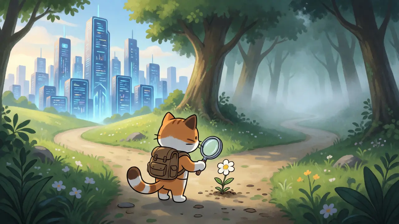 Un chat explorateur à un carrefour entre une ville futuriste et une forêt brumeuse.