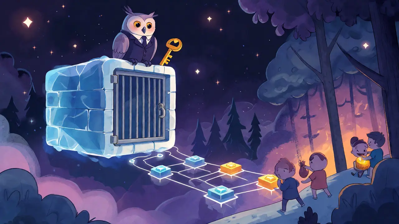 Un coffre-fort de glace sécurisé dans le ciel nocturne avec un hibou sage.