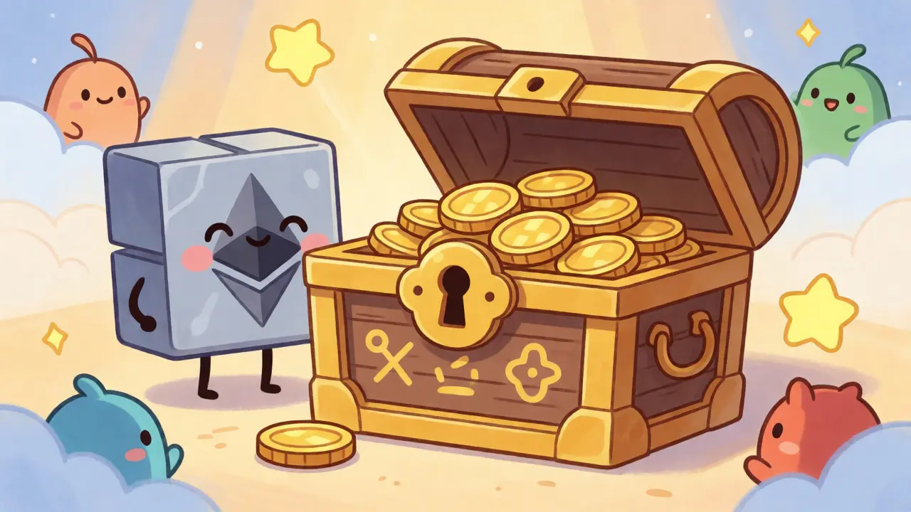 Un coffre-fort verrouillé rempli de pièces POLO gardé par un bloc Ethereum.