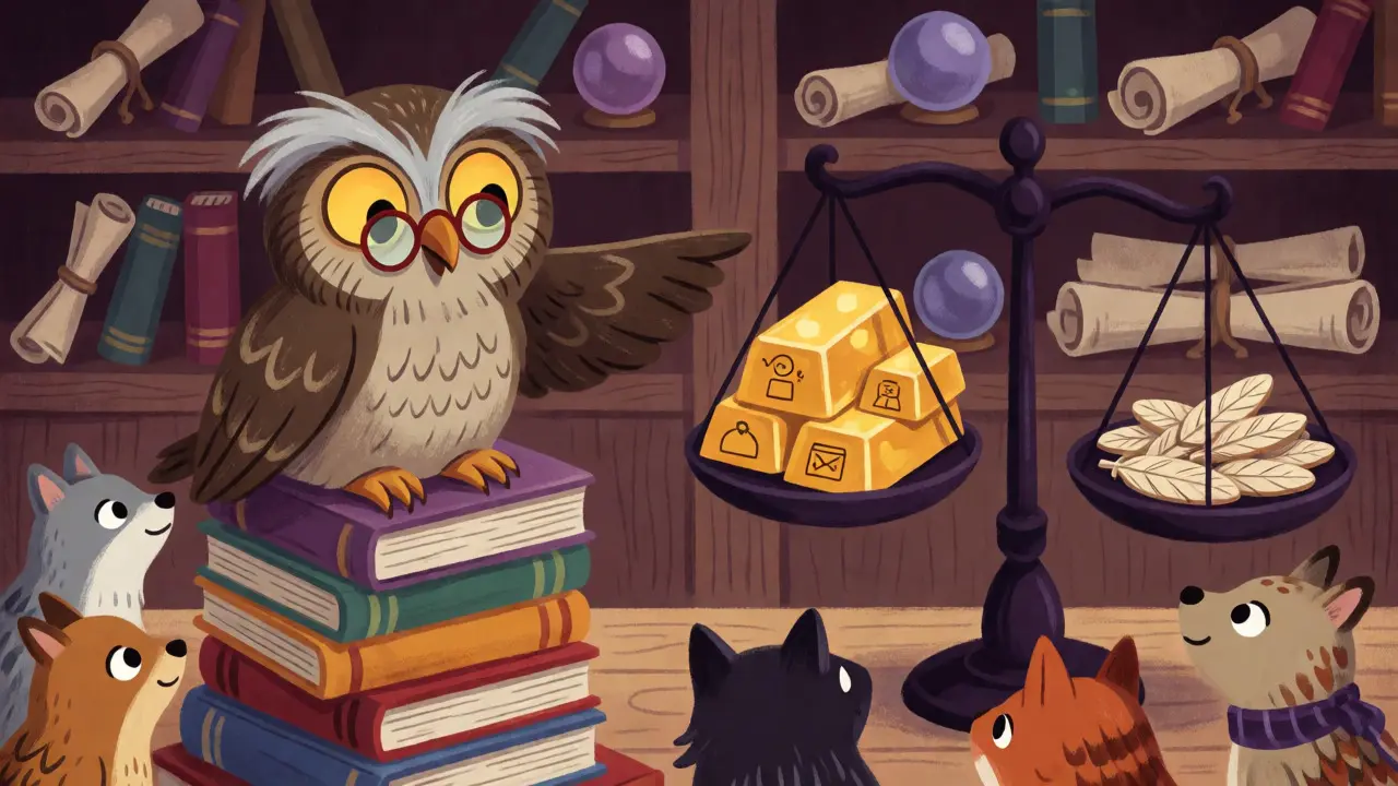 Un hibou sage équilibre des barres d'or et des jetons de gouvernance sur une balance.
