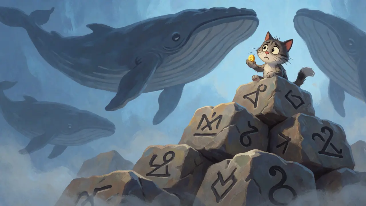 Un petit chat inquiet assis sur des blocs lourds sous l'ombre de grandes baleines.