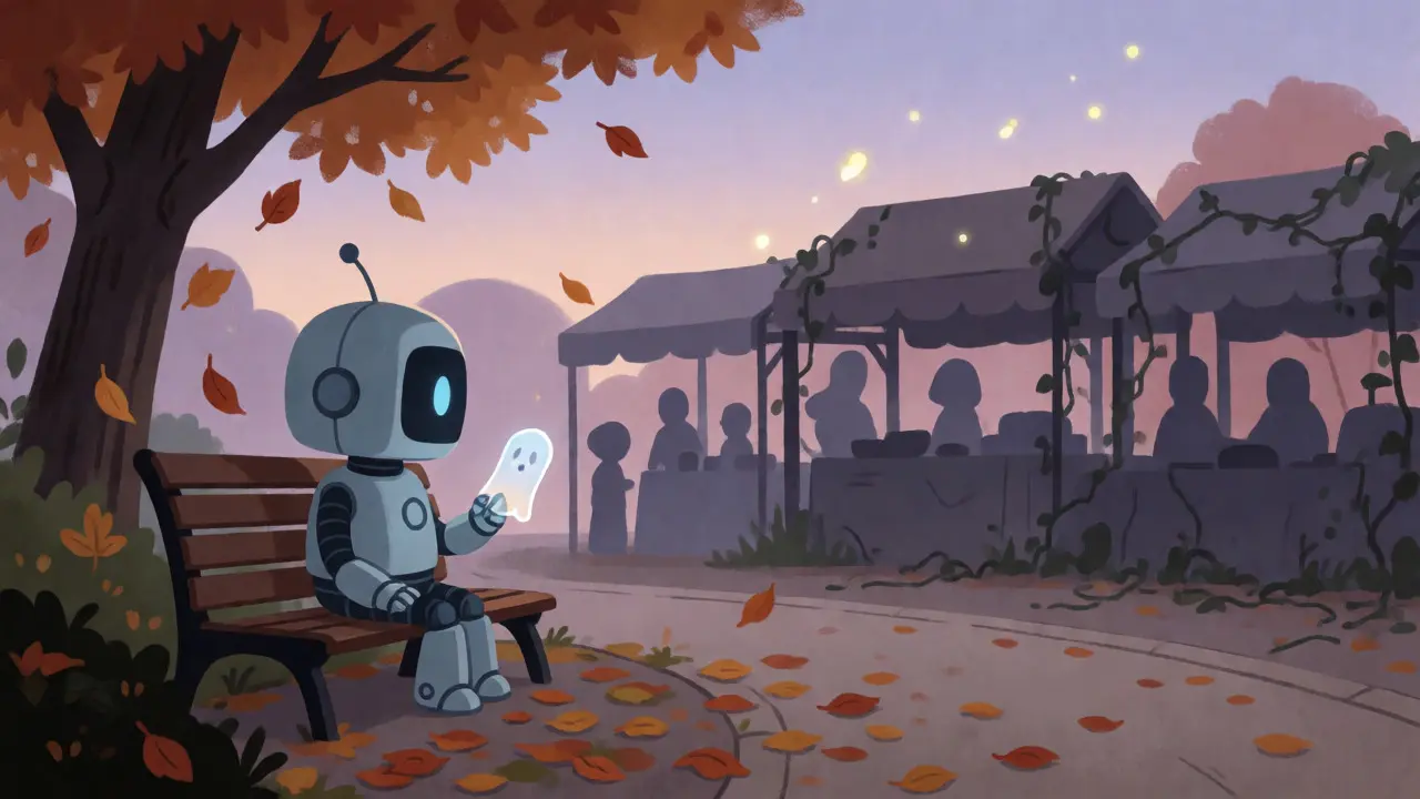 Un petit robot solitaire tenant un jeton fantomatique dans un parc au crépuscule, symbolisant la fin du projet BitCanna.