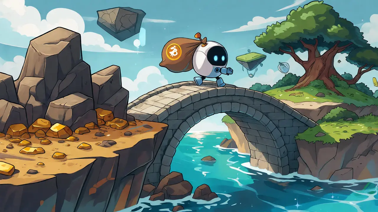 Un pont reliant l'île Bitcoin à l'île RSK avec un petit robot traversant, montrant la connexion technique.