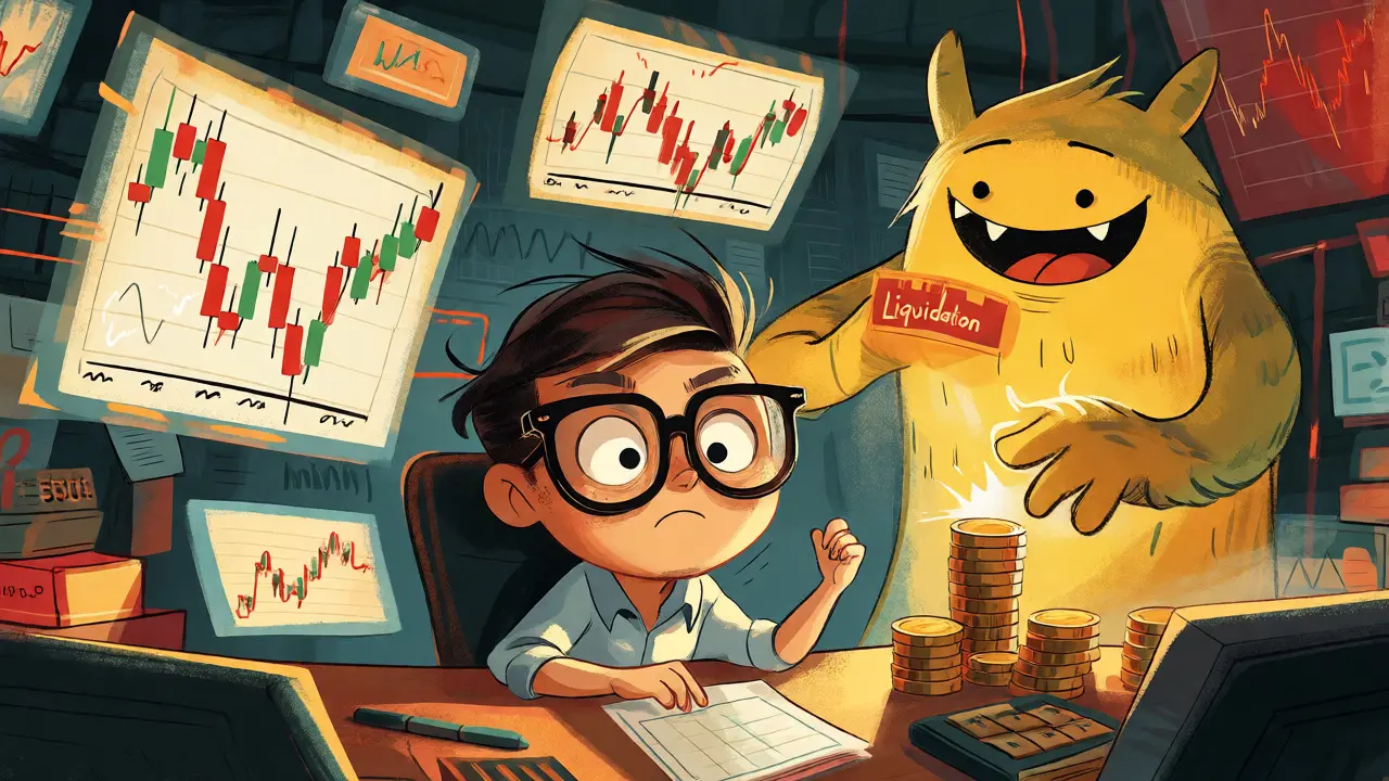 Un trader en dessin animé face à des graphiques volatils et un monstre de liquidation.