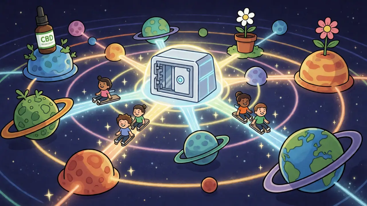 Vue imaginaire de l'écosystème BitCanna sur le réseau Cosmos, montrant des nœuds interconnectés et des utilisateurs échangeant des tokens.