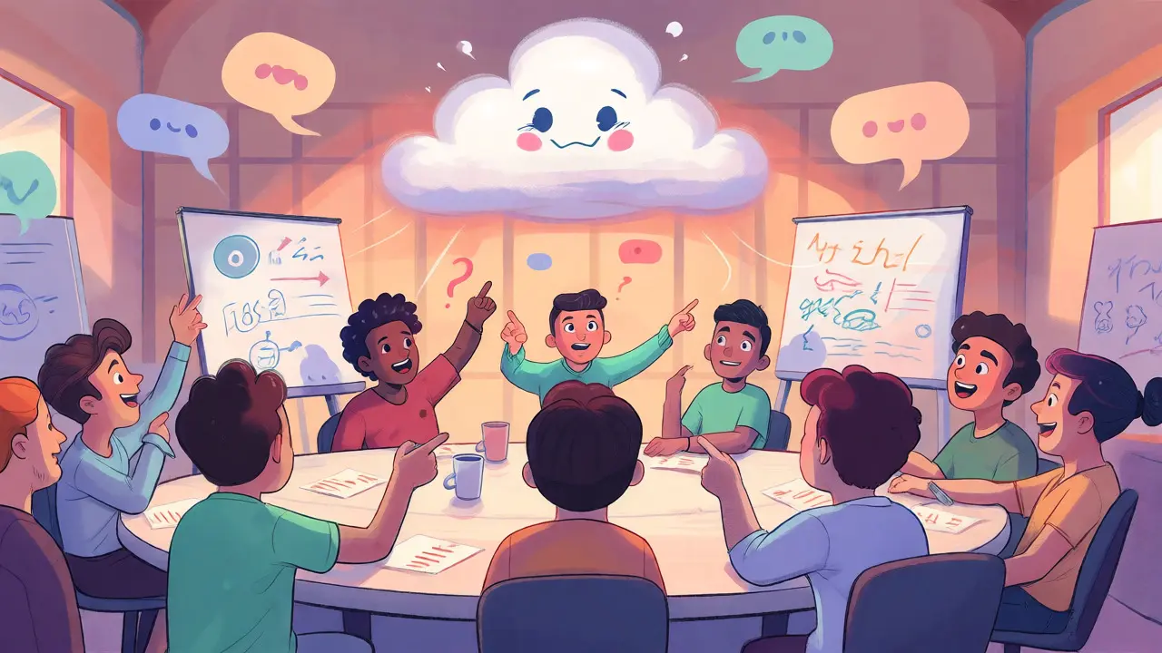Avatars discutant autour d'une table avec des bulles de dialogue flottantes