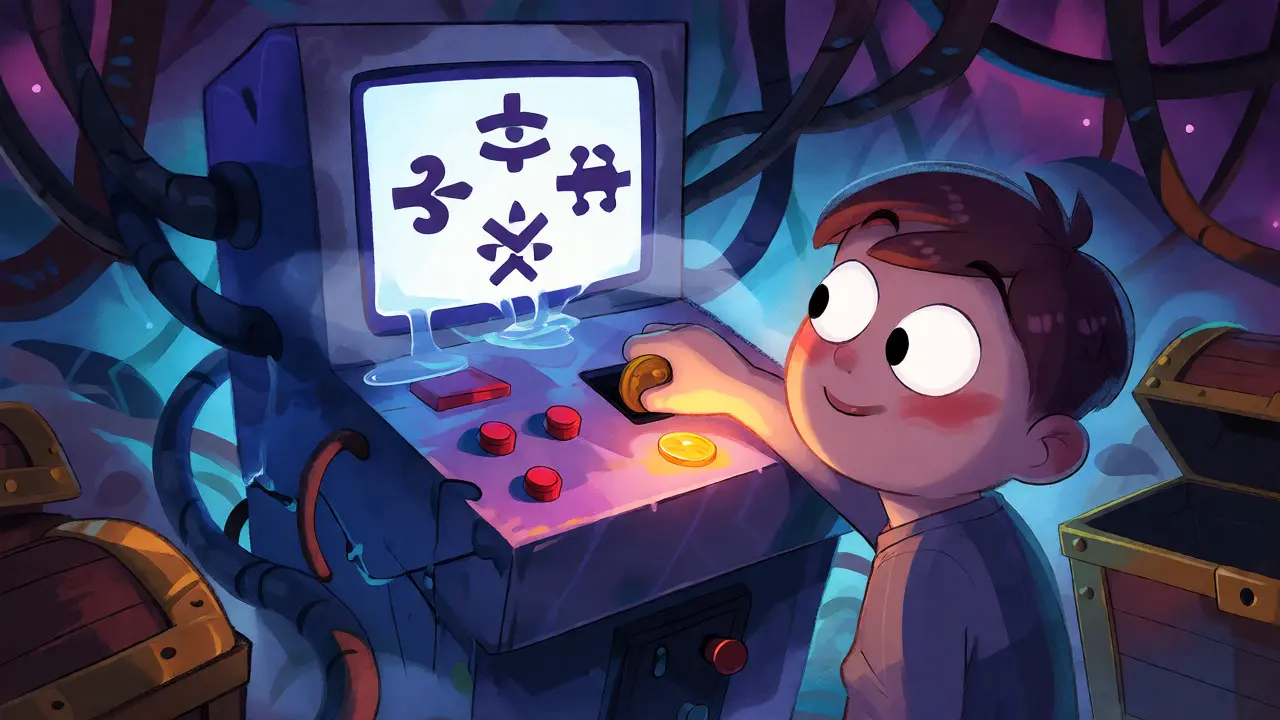 Console de jeu magique cassée avec un personnage tentant d'insérer une pièce