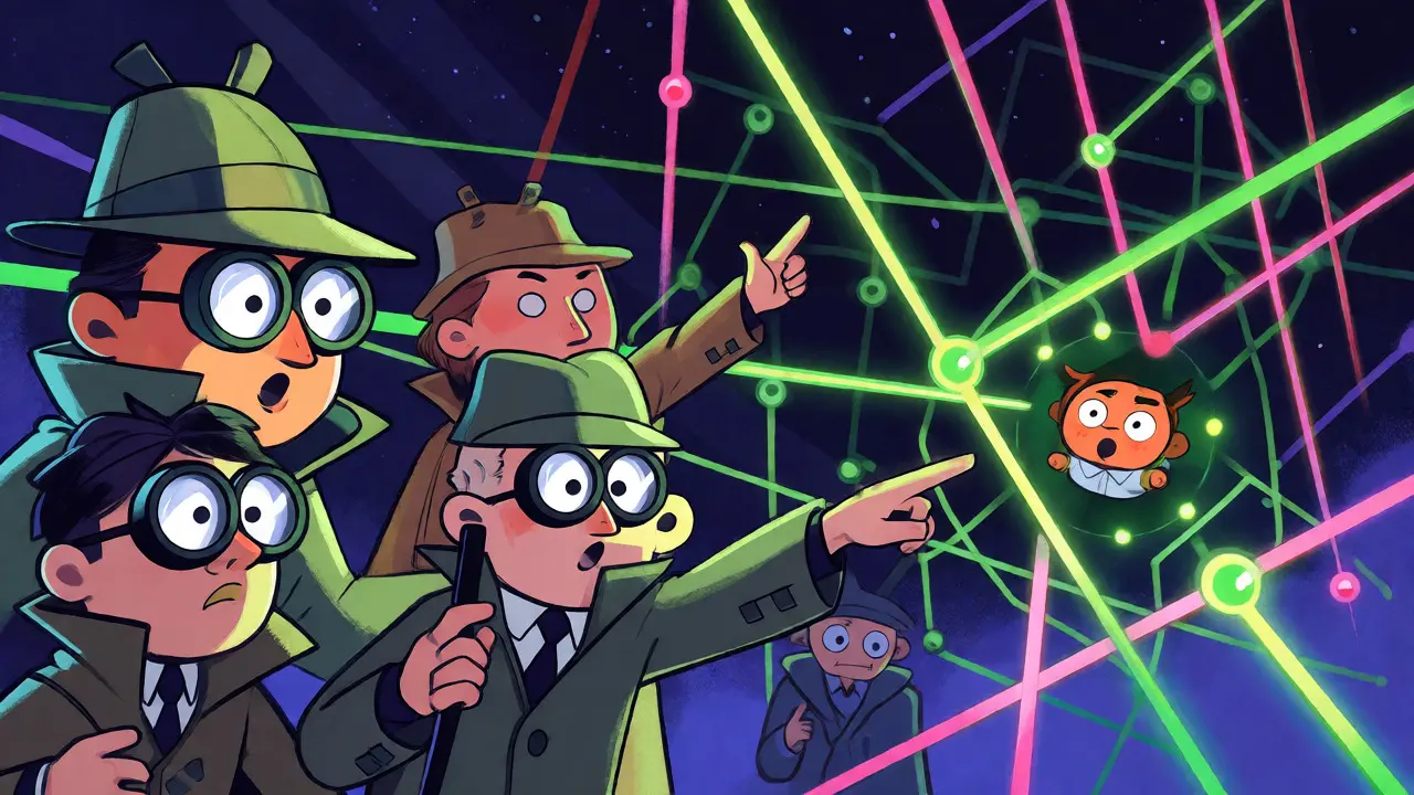 Détectives de dessin animé analysant un réseau complexe de lignes blockchain avec des loupes.