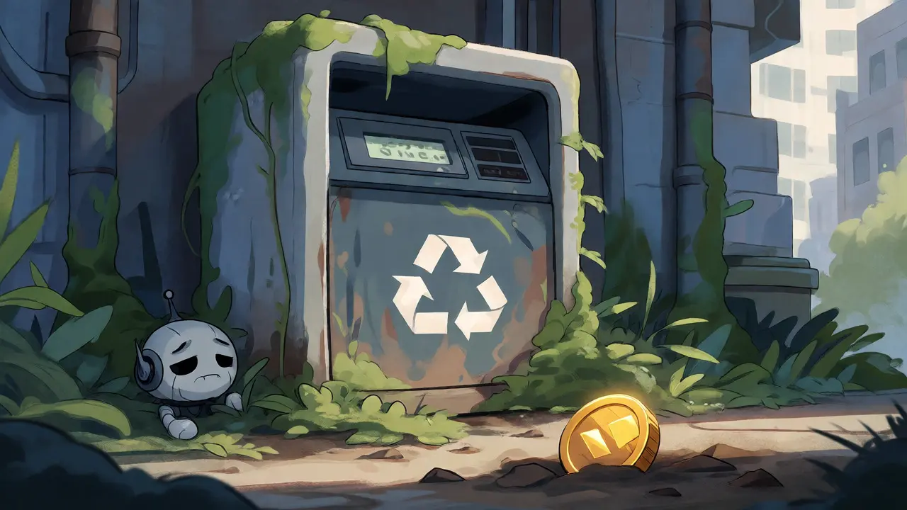 Kiosque de recyclage abandonné et envahi par la végétation avec un robot triste.