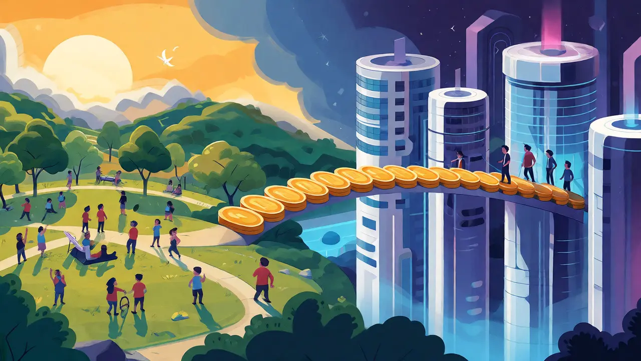 Paysage hybride reliant un parc de débat à une ville blockchain sécurisée