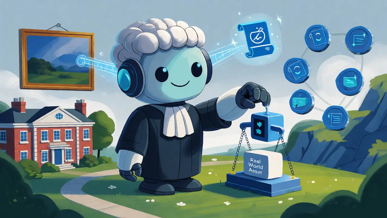 Un robot équilibrant des actifs réels et des tokens numériques pour illustrer la conformité et l'utilité.