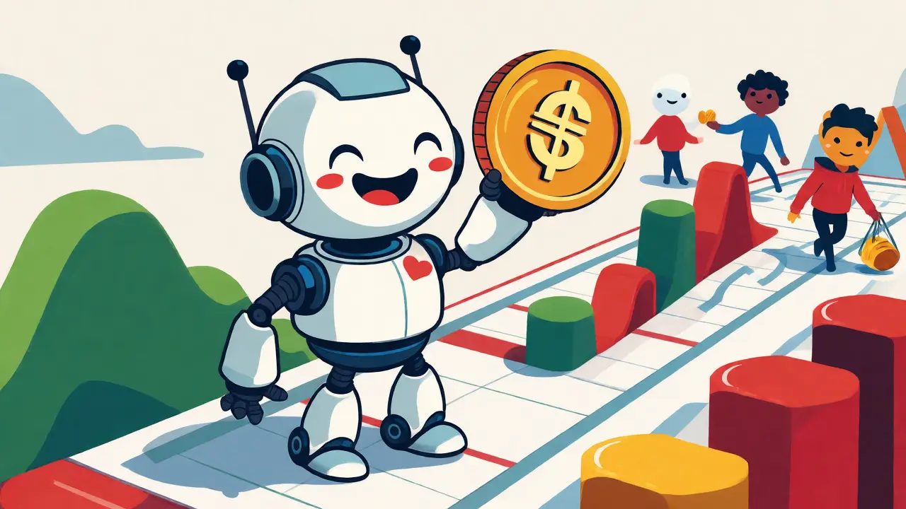 Un robot joyeux tenant une pièce sur une interface de trading simplifiée et colorée.